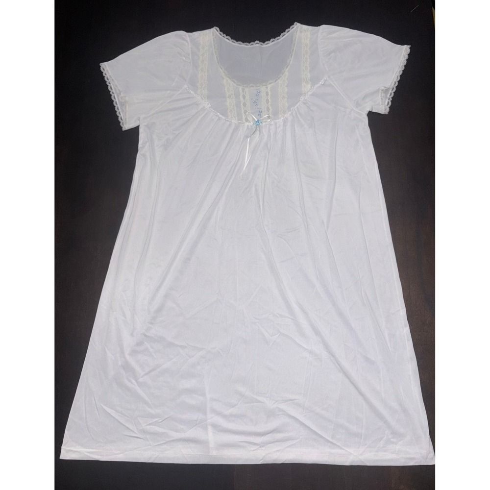 Nightgown Short Sleeve Lace Trim Floral Bow White Vintage Style Medium - 4691